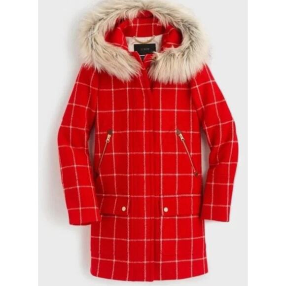 J. Crew Chateau Parka Red Plaid Lady Windowpane Check 100% Wool Hooded Coat 2 - Picture 1 of 12